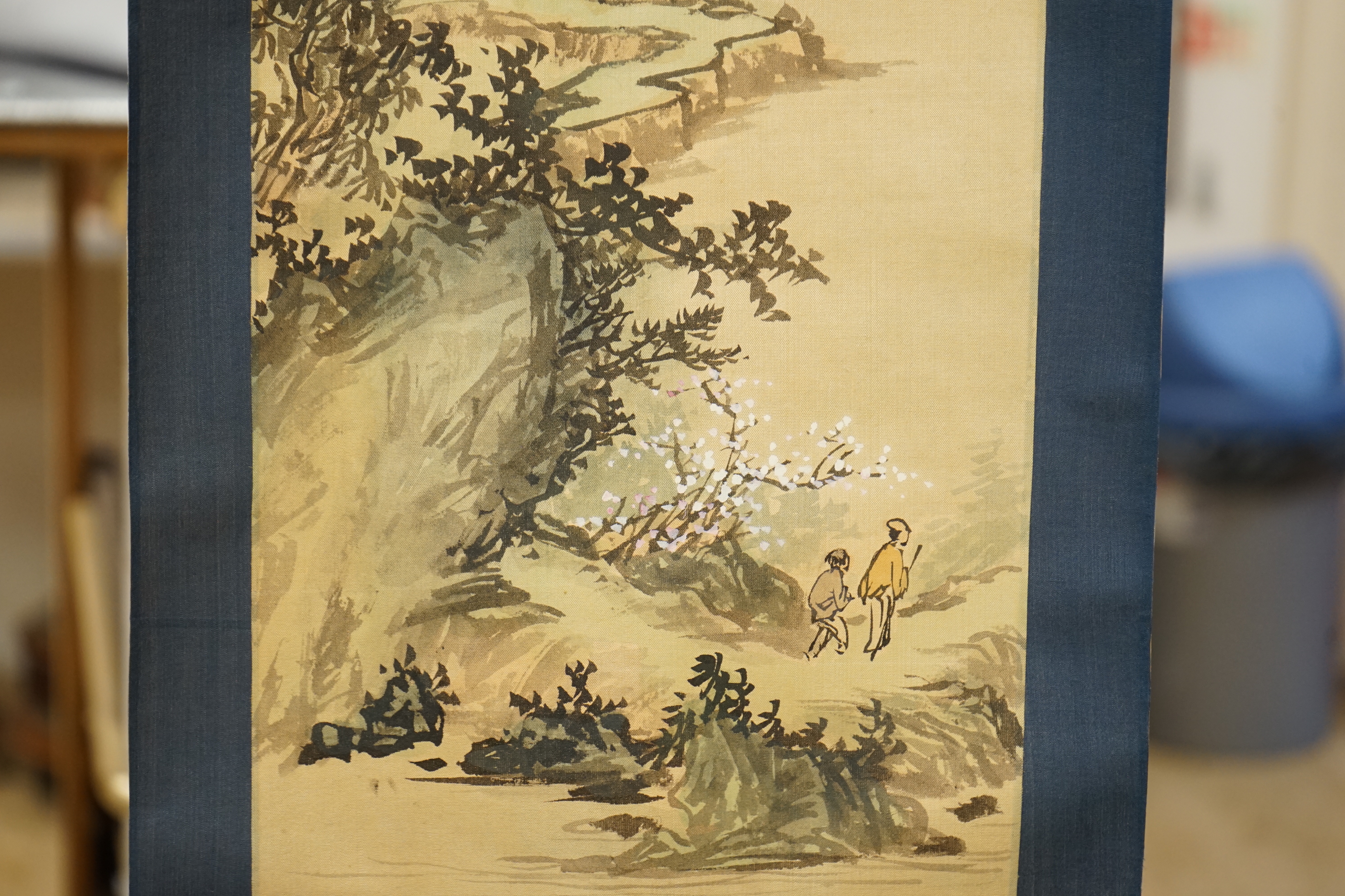 Two Chinese painted scrolls, one on silk, a female wearing a kimono and a landscape